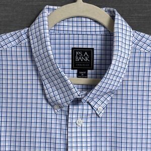 Jos A Bank Shirt 2X Slim Fit Traveler Blue Plaid Cotton Button Down Long Sleeve